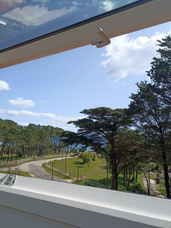 A view from a window overlooking a road with trees and a body of water in the distance.