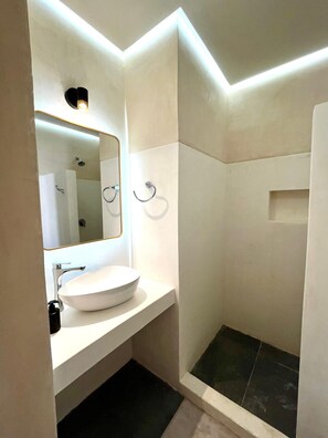 Regadera, toallas, papel de baño 