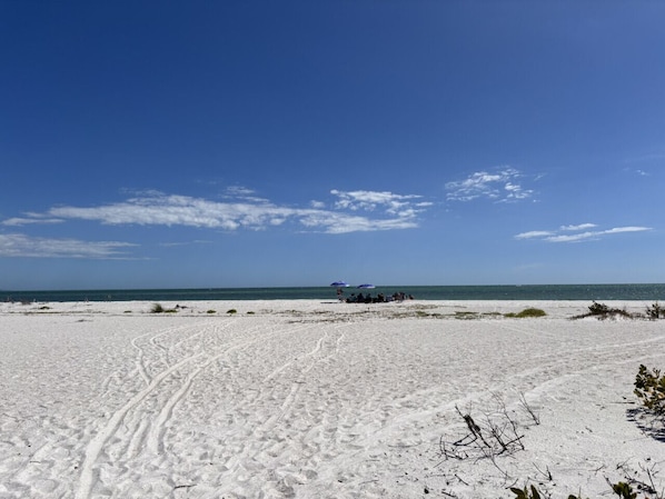 Una playa con huellas que conducen a un grupo de personas bajo sombrillas.