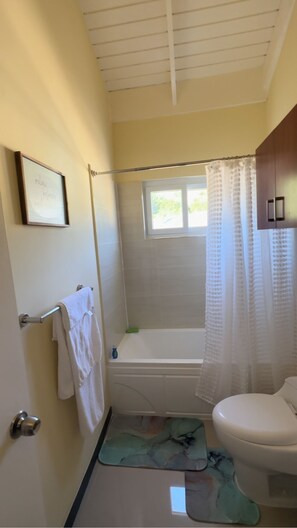 Serviettes fournies, savon, shampoing, papier toilette