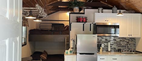Fridge, microwave, coffee/tea maker, toaster
