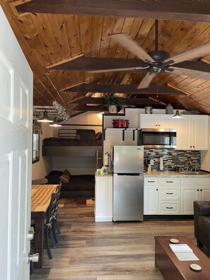 Fridge, microwave, coffee/tea maker, toaster