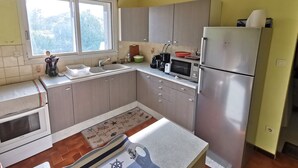 A compact kitchen with a microwave, refrigerator, and sink. - La Maison du Verger - 13km from the beach (Sainte-Foy)