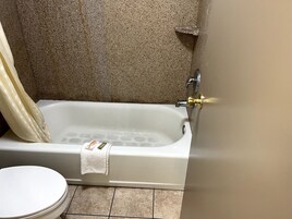 Bathtub, towels, soap, shampoo
