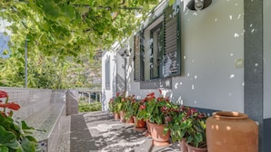 A tiled outdoor area with potted plants and a bench. - Villa Paixão (Machico)