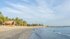 A beach with a thatched-roof hut, palm trees, and a sandy shore. - Castillete Hotel & Beach Club (Cartagena)