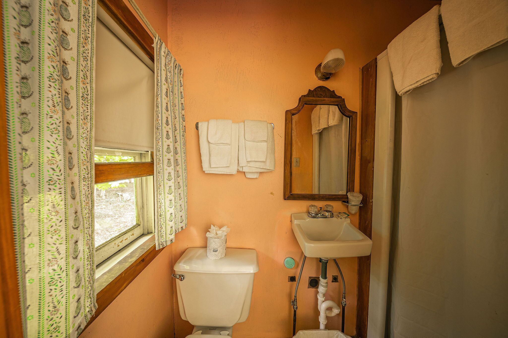 A bathroom with a toilet, sink, and mirror. There are towels hanging on the wall and a window with curtains.