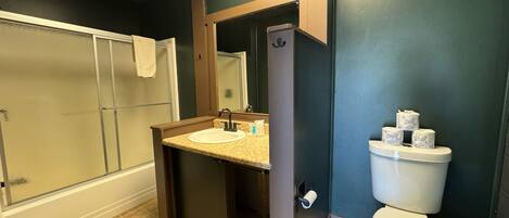 A bathroom with a shower, sink, toilet, and a mirror.