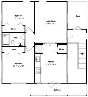 A floor plan with two bedrooms, a living room, a kitchen, a balcony, and a deck.