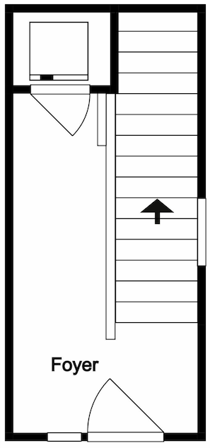 Een plattegrond van een hotelkamer met een bed, een televisietoestel en een badkamer.