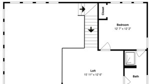 Een plattegrond met een slaapkamer, entresol en badkamer.