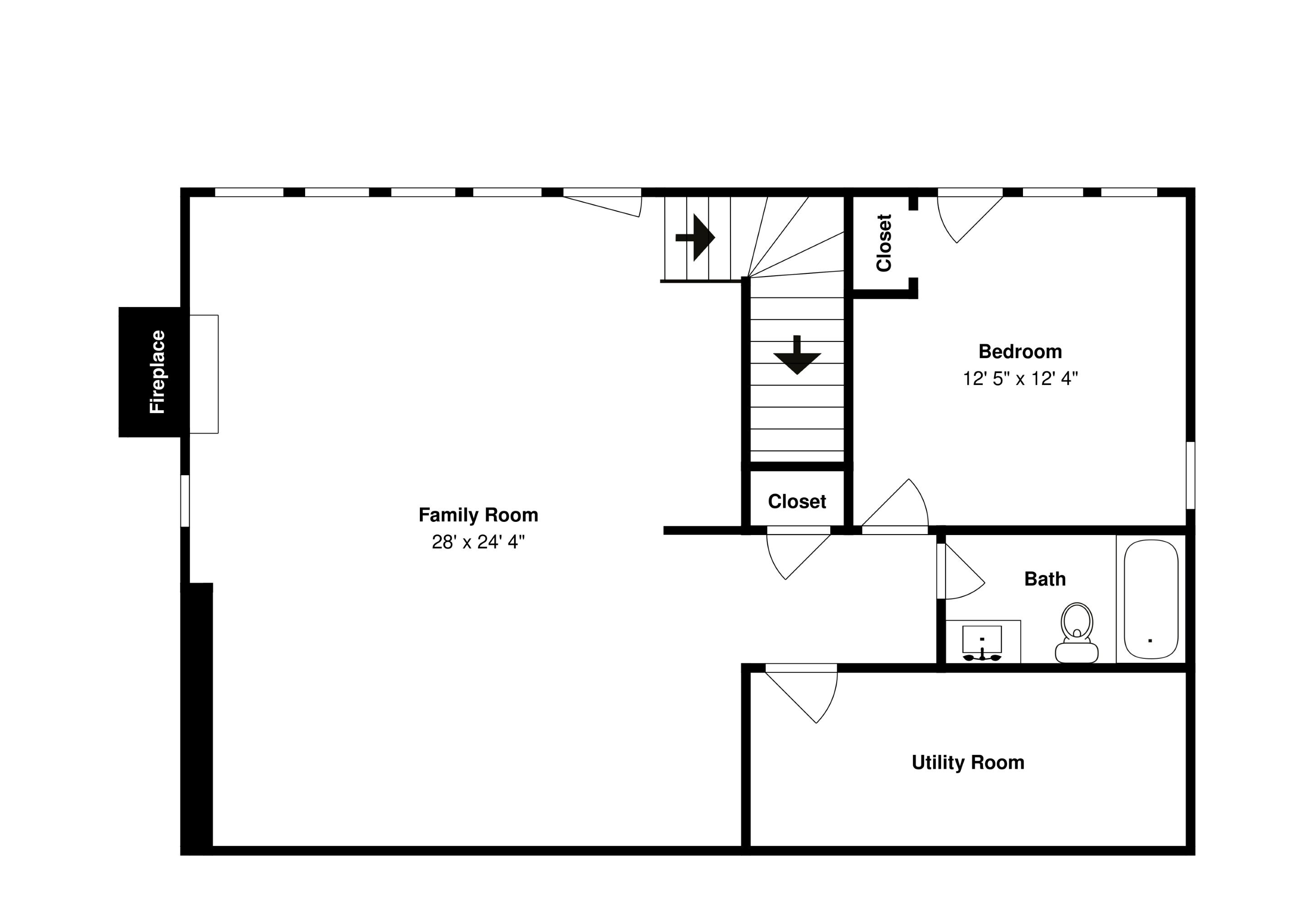 A floor plan with a family room, bedroom, utility room, and bathroom.