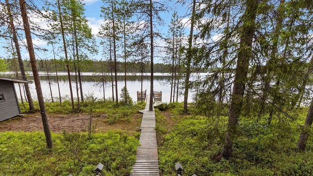 Ein hölzerner Steg führt zu einem Steg über einem See, umgeben von dichtem Wald.