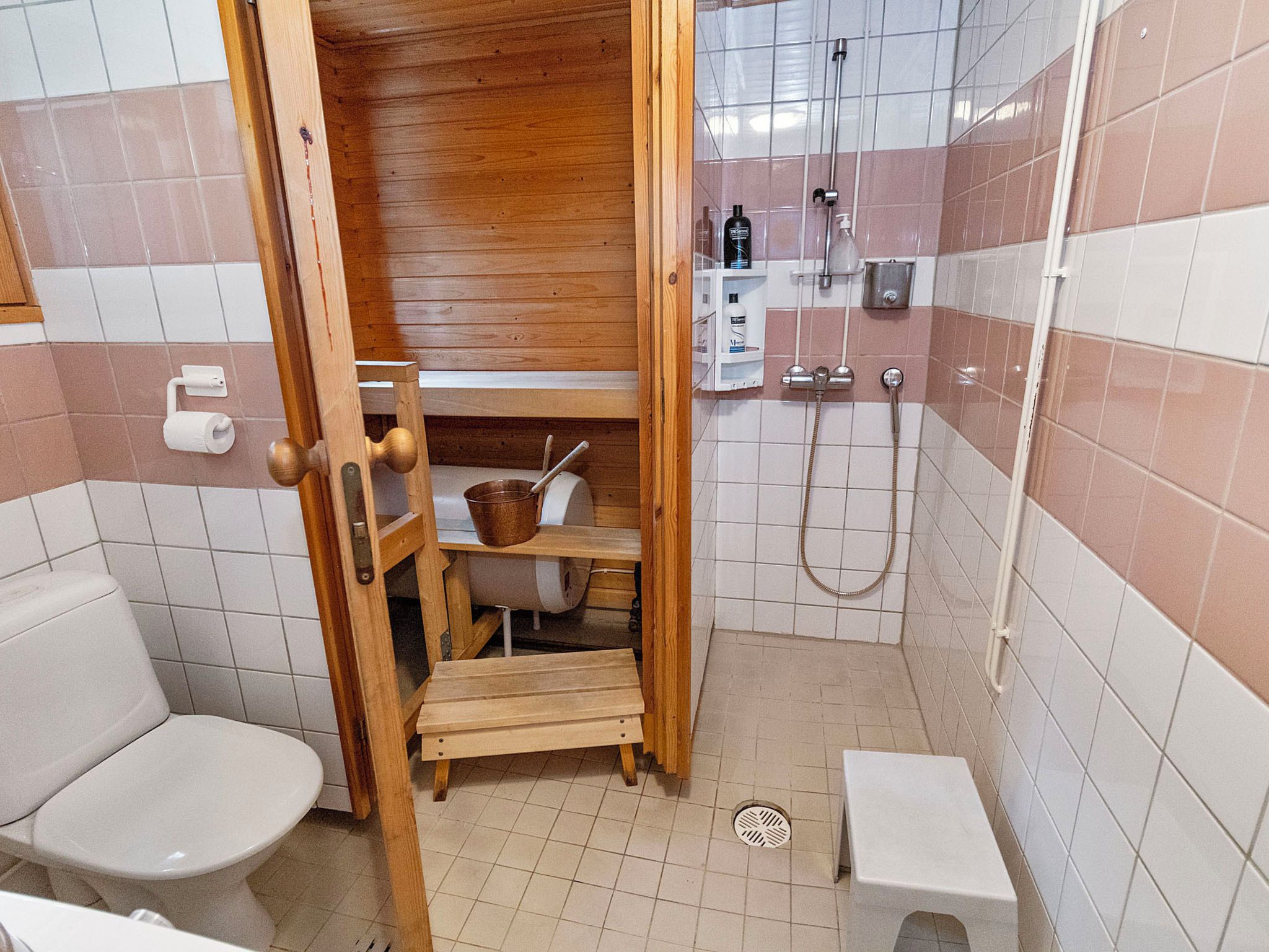 Un baño con sauna de madera, inodoro y zona de ducha.
