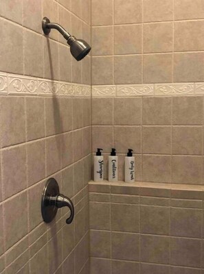 Hair dryer, towels, soap, shampoo