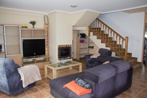 Televisio, takka, kirjoja, tietokoneen näyttö