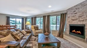 Smart TV, fireplace, video games, DVD player