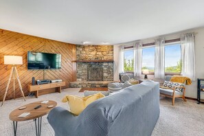 TV connectée, cheminée, lecteur de DVD, chaîne hi-fi