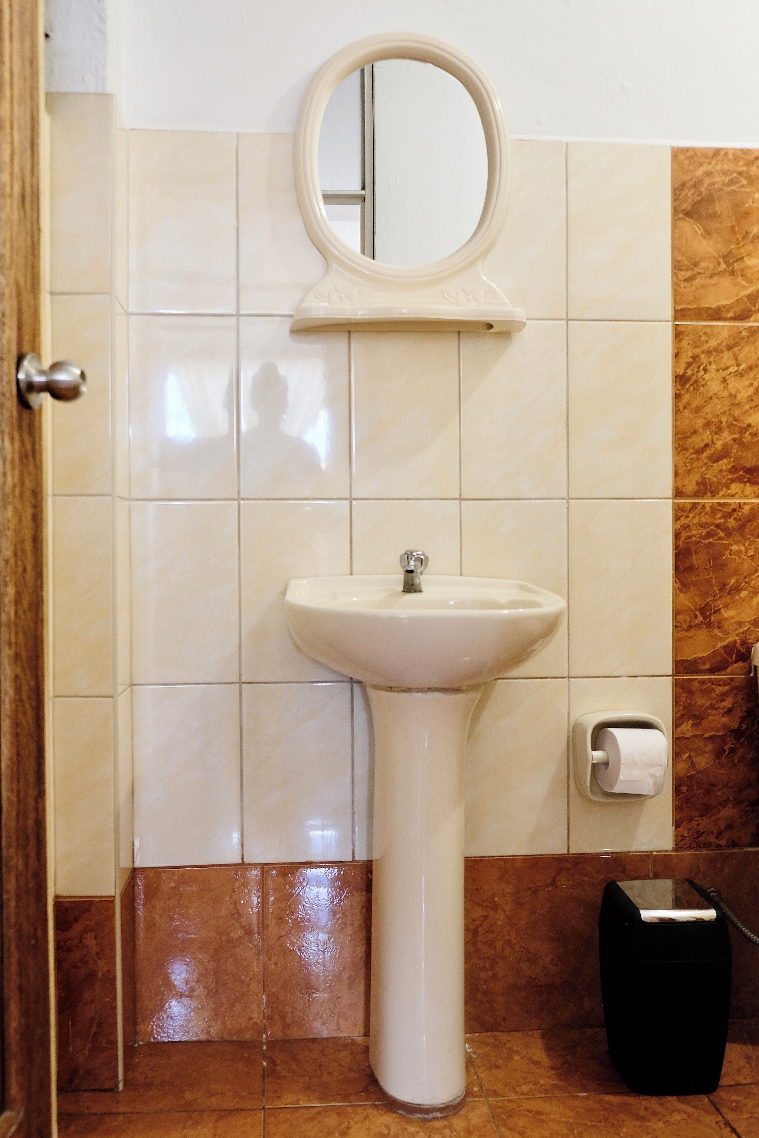 A bathroom with a pedestal sink, a mirror above it, and a toilet paper holder on the wall.