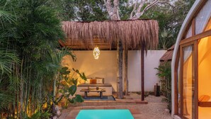 A pool area with a thatched roof seating area, surrounded by tropical plants and a clear blue pool. - Villa Sanah (Tulum)