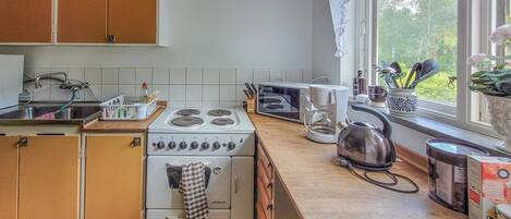 Fridge, stovetop, dishwasher, coffee/tea maker