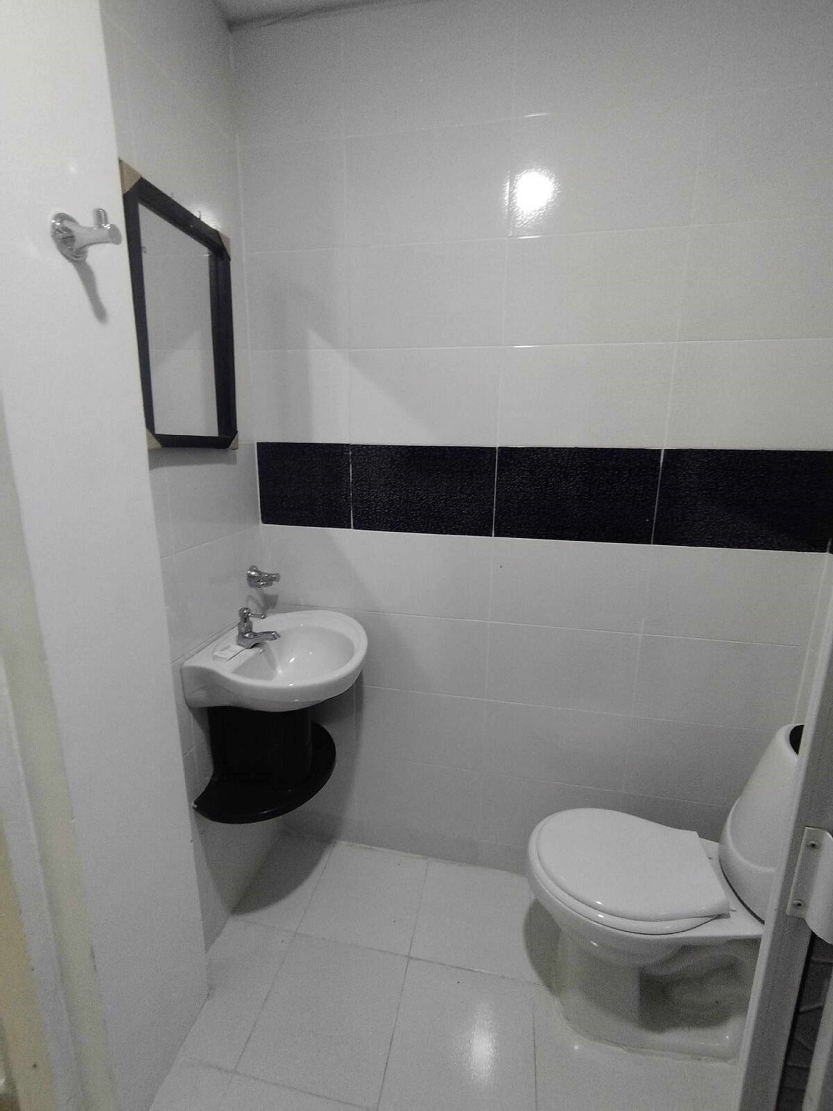 A small, compact bathroom with a white sink, a toilet, and a mirror.