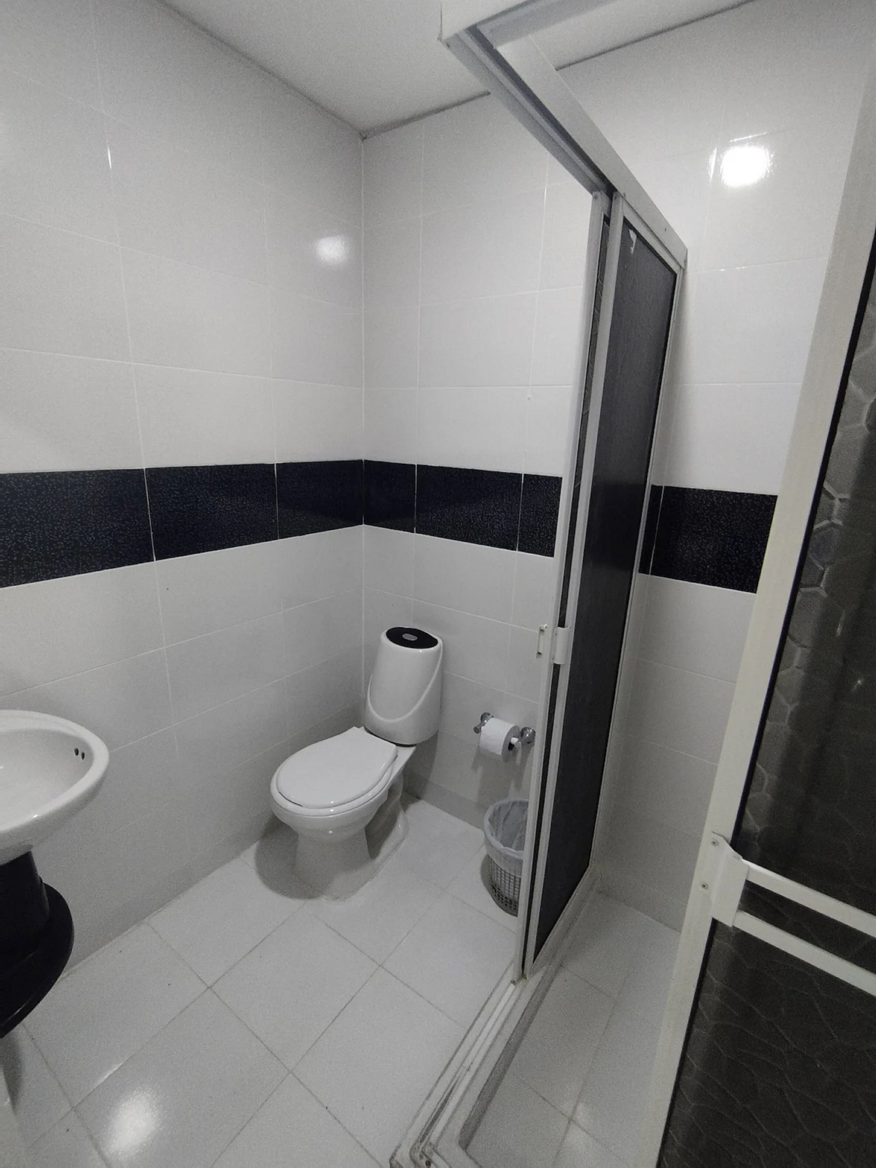 Shower, rainfall showerhead, hair dryer, towels