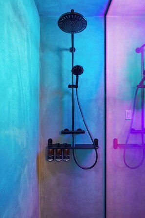 Chuveiro, secador de cabelo, toalhas de banho