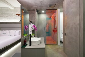 Douche, sèche-cheveux, serviettes fournies