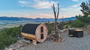 A wooden cabin with a door, a small shed, and a gravel path.