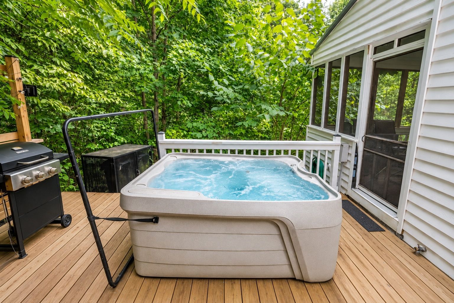 Ein Whirlpool auf einer Holterrasse mit Grill und einem Moskitonetz, umgeben von üppiger Bepflanzung.