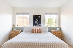 4 bedrooms, memory-foam beds, desk, iron/ironing board