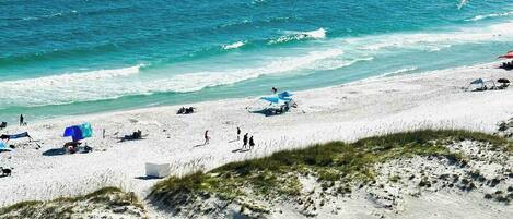 On the beach, sun loungers