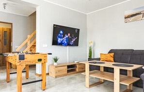 TV, fireplace, DVD player, foosball