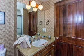 Hair dryer, soap, shampoo, toilet paper