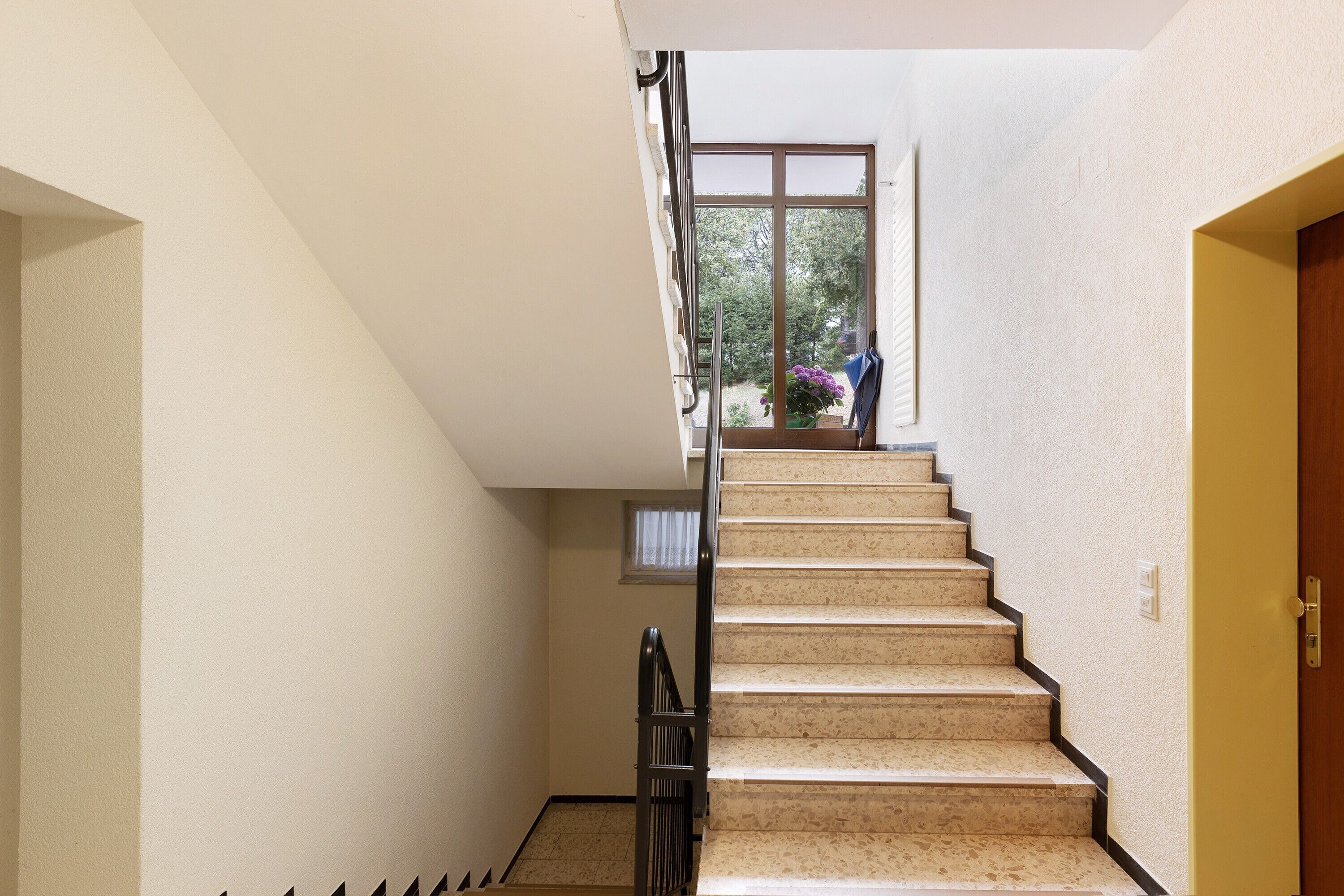 A staircase with a handrail, a window with a view of greenery, and a door at the bottom.