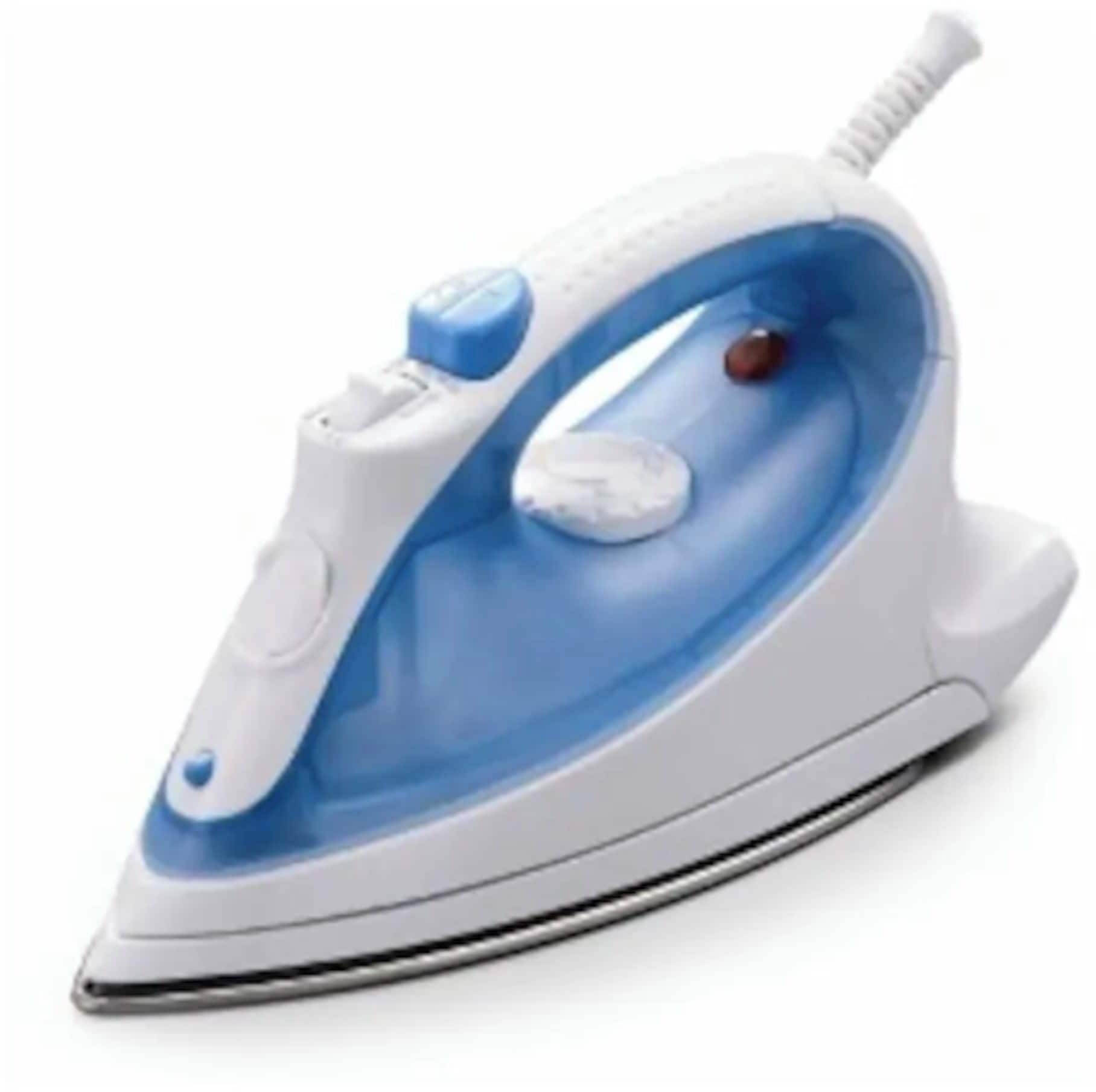 A white and blue iron with a control panel and a steam button.