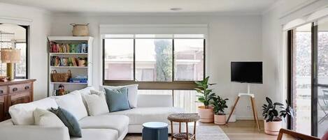 Smart TV, fireplace, books