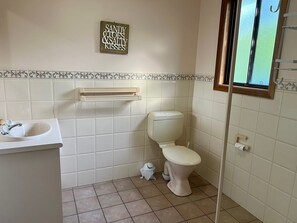Shower, hair dryer, towels, shampoo