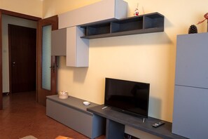 A modern living room with a flat-screen TV, built-in shelves, a cabinet, and a door with a patterned glass panel.