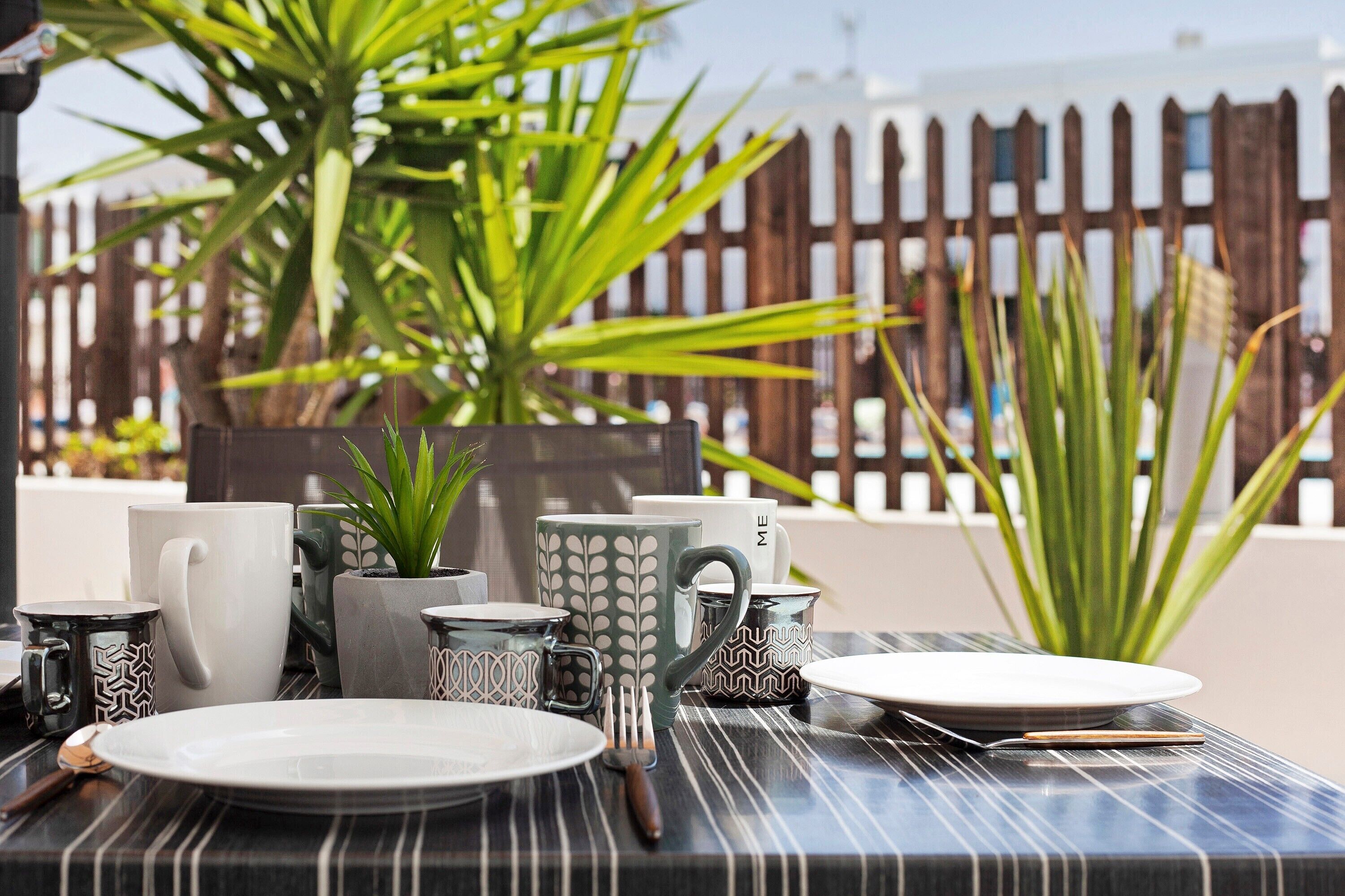 A table set with plates, mugs, and cutlery, surrounded by potted plants and a wooden fence in the background.