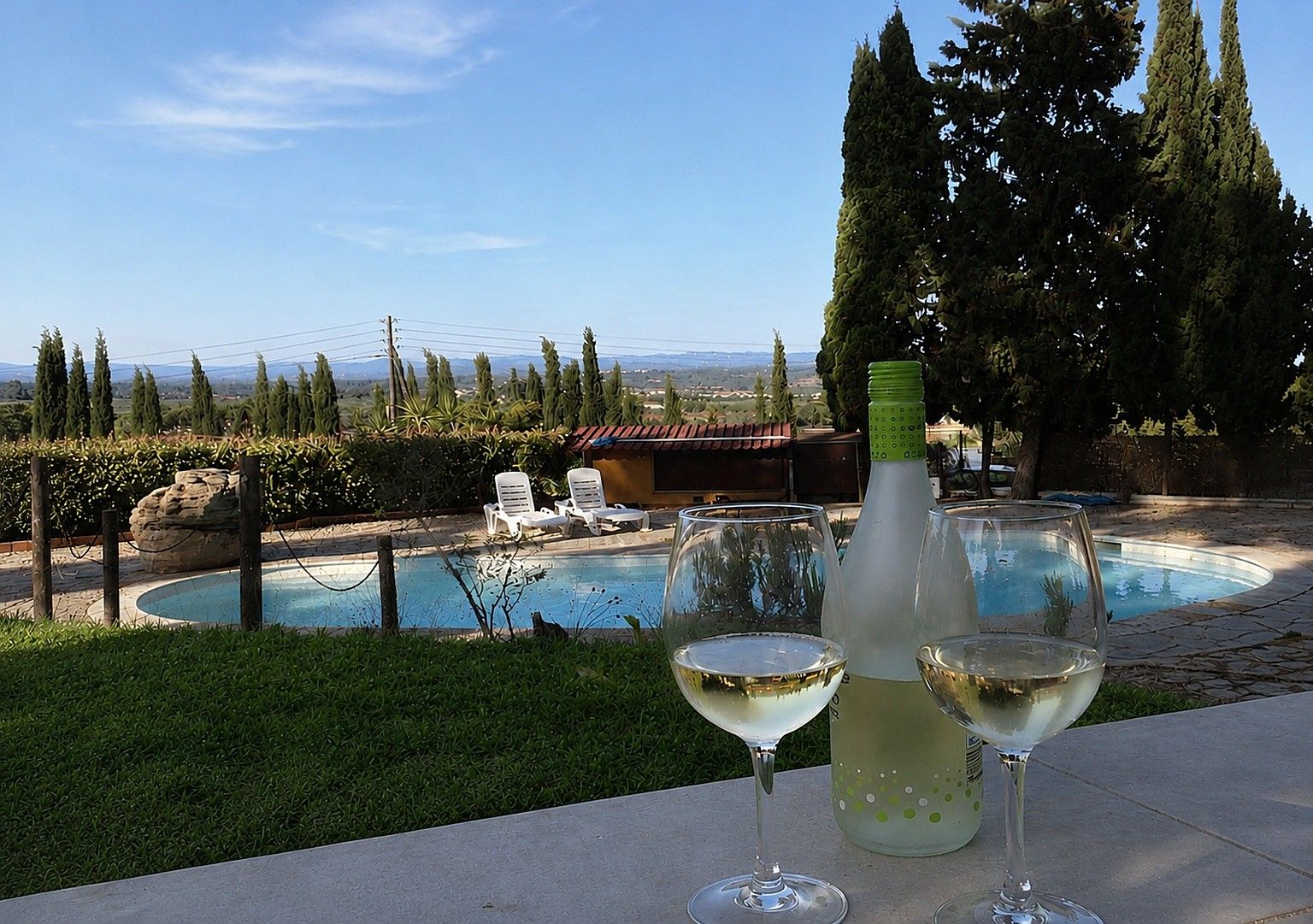 A poolside setting with a bottle and two glasses, surrounded by greenery and a view of distant mountains.