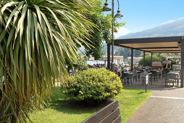 A covered outdoor seating area with tables and chairs, a small bush, and a bench.