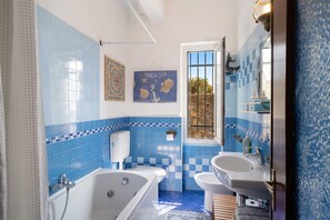 Banheira, secador de cabelo, toalhas de banho 