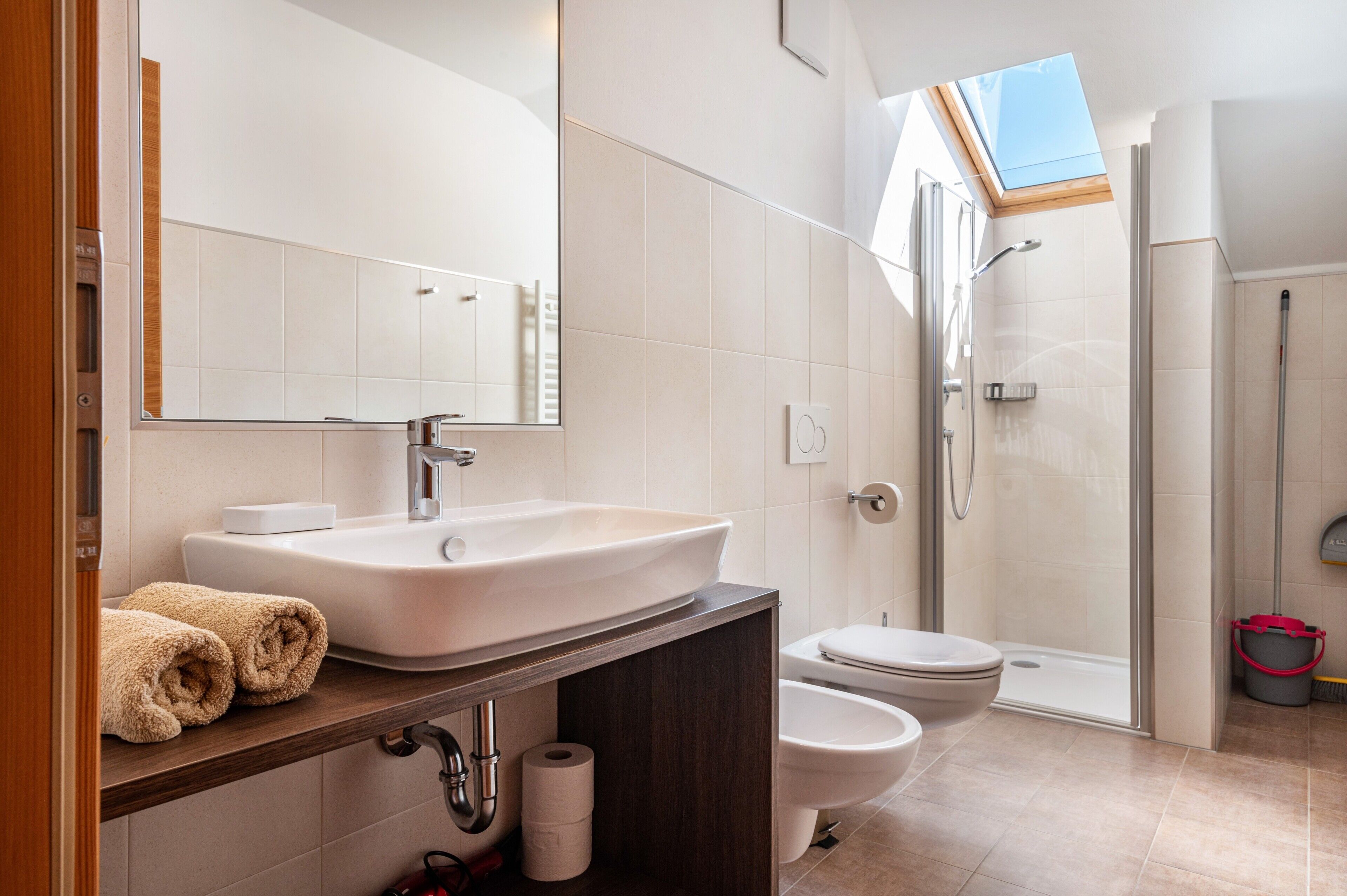 Shower, hair dryer, towels
