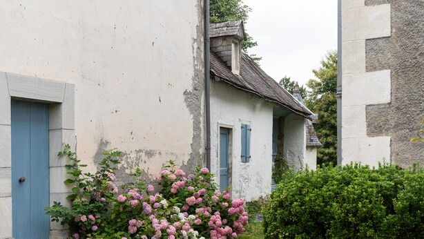 A building with a blue door, a small window, and pink flowers in the garden. - La serre, grande maison  dans un grand jardin. (Laborde)