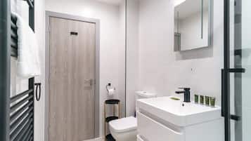 Shower, hair dryer, towels, shampoo