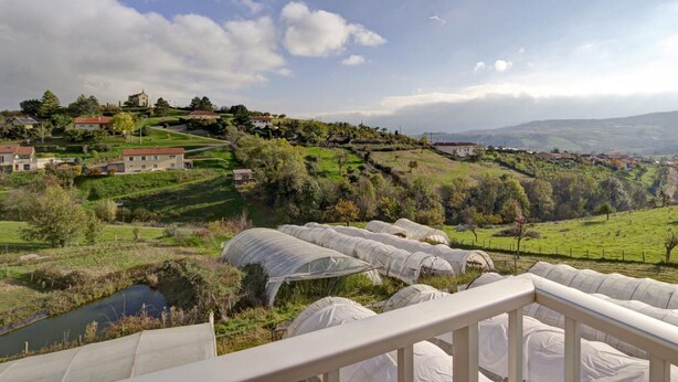 Un paisaje rural con campos verdes, una masa de agua pequeña y varias construcciones, incluyendo una casa destacada con techo rojo.