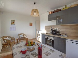 Fridge, microwave, dishwasher, coffee/tea maker