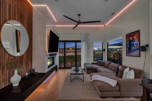 Smart TV, fireplace, video games, stereo